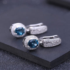 European Inlaid Natural Topaz Soleste Halo Oval Shape Silver Drop Earrings for Women