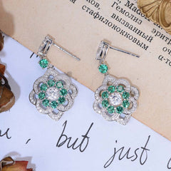 Lab-Created Emerald Flower Silver Drop Earrings