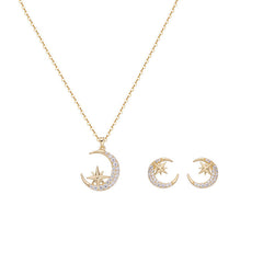 Zircon Crescent Moon Star Silver Necklace Earrings Set