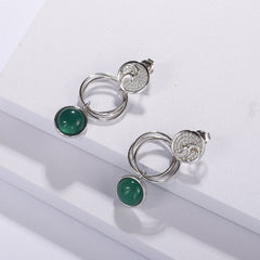 Geometric Design 925 Silver Green Agate Drop Earrings for Women