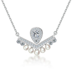 V-shaped Pear Drop Zircon with Pearl Pendant Silver Necklace for Women