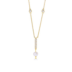 Geometric Tassel Pearl with Zircon Sterling Silver Necklace for Women