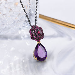 Charm Luxury Style Inlaid Gemstones with Natural Amethyst Rose Tears Pendant Silver Necklace for Women