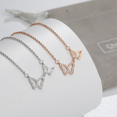 Hollow Two Butterflies with Zircon Silver Necklace for Women