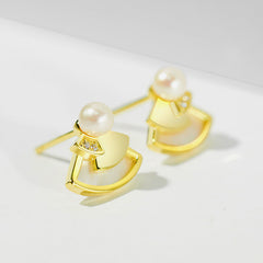 Mother of Pearl Fan Design Pearl Zircon Sterling Silver Stud Earrings