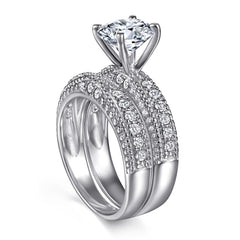Four Prongs Round Zircon Cathedral Silver Ring Set for Women