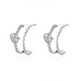 Double Layers C Shape Beading with Round Zircon Silver Studs Earrings for Women