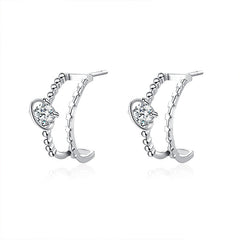 Double Layers C Shape Beading with Round Zircon Silver Studs Earrings for Women