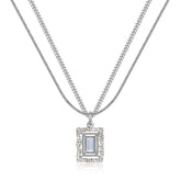 Rectangle Zircon with Wavy Halo Double Layers Sterling Silver Necklace