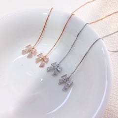 Zircon Bow Tassel Earline Silver Drop Earrings for Women