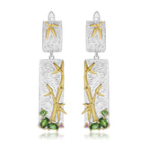 Natural Colour Gemstones Renctangle with Bamboo Sterling Silver Drop Earrings for Women