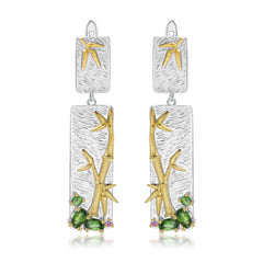 Natural Colour Gemstones Renctangle with Bamboo Sterling Silver Drop Earrings for Women