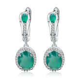Natural Green Agate Soleste Halo Oval Shape Silver Drop Earrings for Women