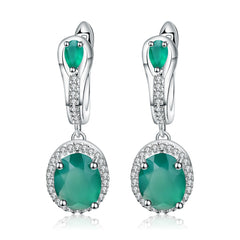 Natural Green Agate Soleste Halo Oval Shape Silver Drop Earrings for Women