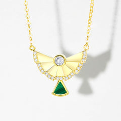 Fan Shaped Pendant Malachite Zircon Sterling Silver Necklace