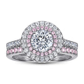 Round Zircon Double Soleste Halo with Half Eternity Pink Zircon Silver Ring Set