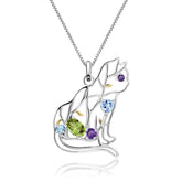 Irregular Geometric Design Inlaid Natural Colourful Gemstone Cat Shape Pendant Silver Necklace for Women