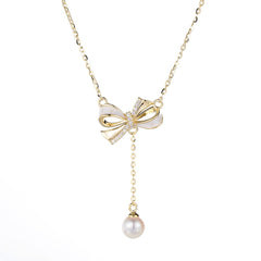 (Two Colours) White Zircon Sweet Bowknot with Pearl Pendants Collarbone Necklace for Women