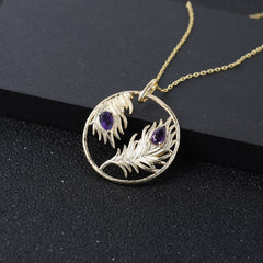Personalized Design Natural Amethyst Gold Colour Feather Pendant Silver Necklace for Women
