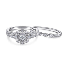 Round Zircon Flower Modern Split Shank with Marquise Shape Silver Ring Set