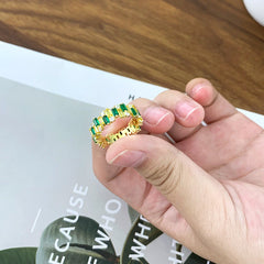 Emerald Cut Green and Yellow Zircon Beaded Silver Ring for Women