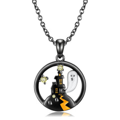Halloween Ghost Castle Circle Pendant Silver Necklace