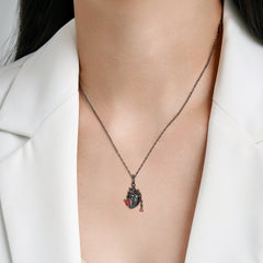 Black Cardiac Butterfly Red Zircon Silver Necklace