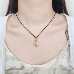 Lotus Pattern Series Two-sided Enamel Purple Zircon Circle Pendant Silver Necklace for Women