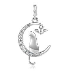 Crescent Moon with Cat and Bat Zircon Silver Necklace
