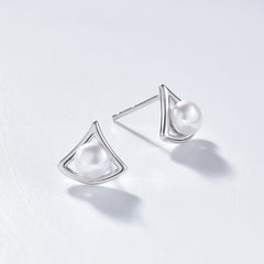 Hollow Geometric Triangle with Freshwater Pearl Silver Stud Earrings for Women