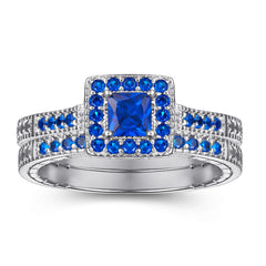 Princess Cut Zircon Square Soleste Halo Silver Ring Set