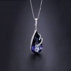 European Design Inlaid Natural Crystal Pear Drop Pendant Silver Necklace for Women
