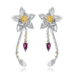 Premium Natural Colourful Gemstone Flower Shape Design Silver Earrings for Women