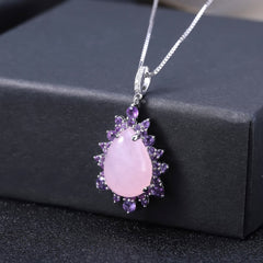 Luxury Natural Pink Chalcedony Pendant Silver Necklace for Women