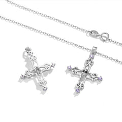 Halloween Skull Hollow Cross Pendant Purple Zircon Silver Necklace