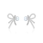Zircon Bow with Pearl Silver Studs Earrings for Women