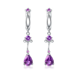 European Inlaid Natural Amethyst Long Style Silver Drop Earrings for Women