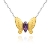 Gold Colour Simple Design Natural Gemstone Butterfly Pendant Silver Necklace for Women