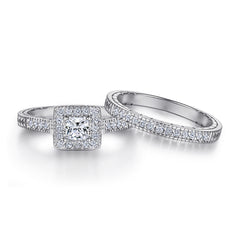 Princess Cut Zircon Square Soleste Halo Silver Ring Set