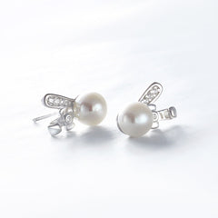 Freshwater Pearl Cute Rabbit with Zircon Silver Stud Earrings for Women