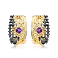 Italian Craft Vintage Style Inlaid Natural Colourful Gemstone Floral Design Silver Studs Earrings for Women