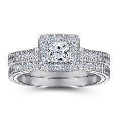 Princess Cut Zircon Square Soleste Halo Silver Ring Set
