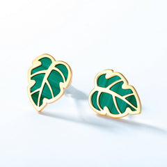 Malachite Turtle Shell Bamboo Leaf Sterling Silver Stud Earrings