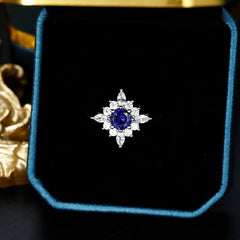 Round Cut Blue Zircon Flower Halo Silver Ring