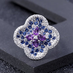 Flourishing Flower Natural Amethyst Silver Ring