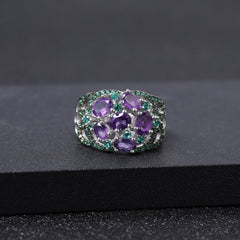 Luxury Hollow Out Wide Surface Design Natural Gemstone Silver Ring