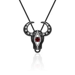 Dark Retro Design Oxhead Inlaid Natural Gemstone Pendant Silver Necklace for Women