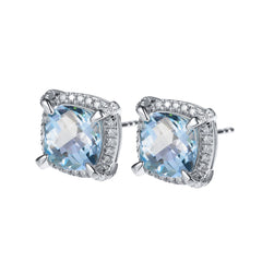 Soleste Halo Square Natural Blue Topaz Silver Stud Earrings