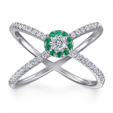 Green Zircon X-shape Exaggerated Silver Ring for Women