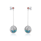 Enamel Hollow Flower Circle with Red Zircon Silver Drop Earrings